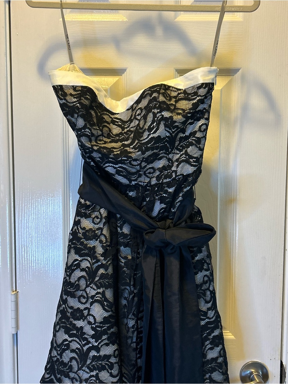 De Laru Strapless Black Lace Cocktail Dress with Ivory Trim